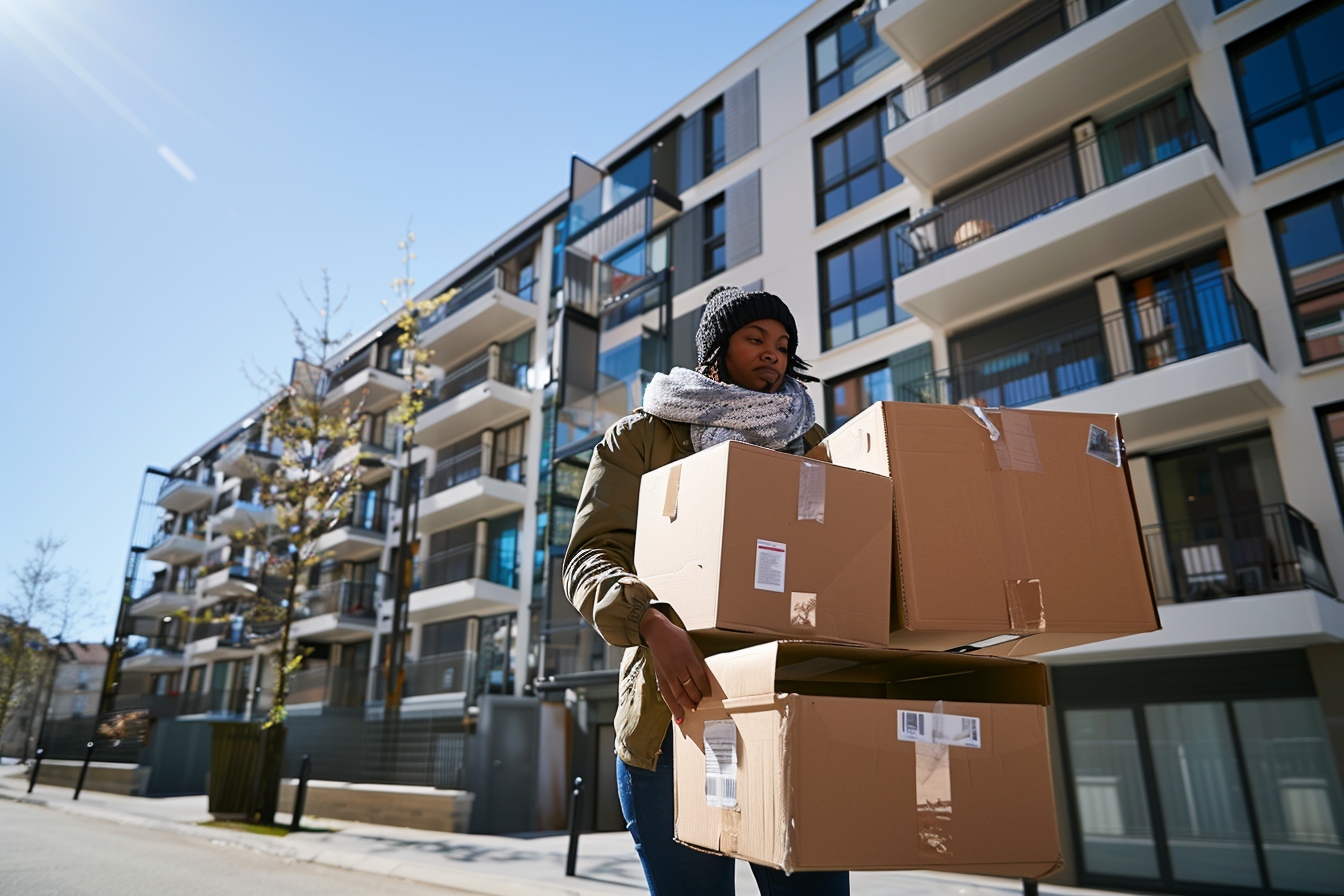 Stratégies efficaces pour un déménagement sans camion à Nanterre, illustrées par une personne organisant des boîtes de manière optimale dans un espace réduit.