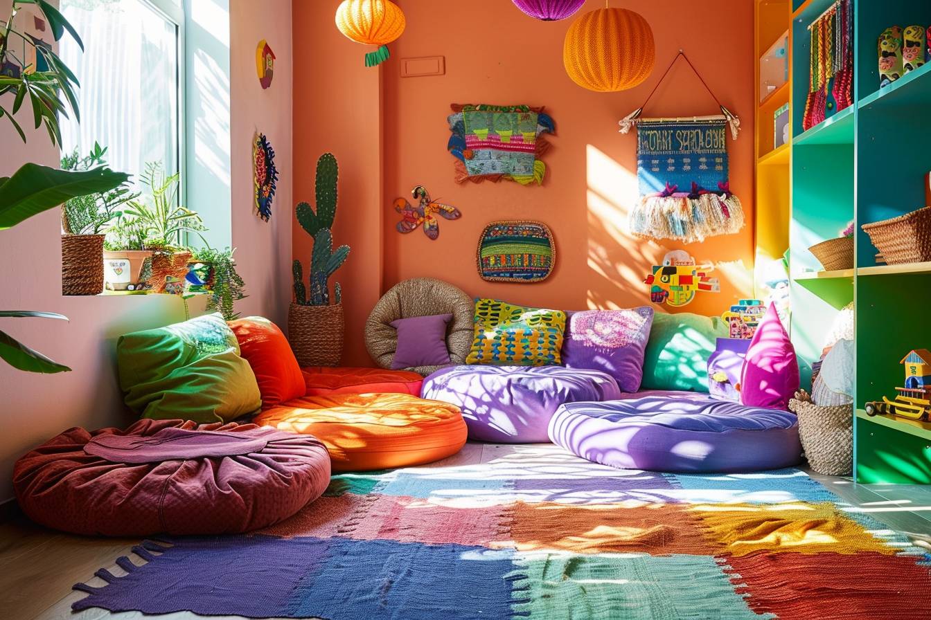 Chambre d'enfant magnifiquement décorée avec des matériaux recyclés dans un style coloré et créatif